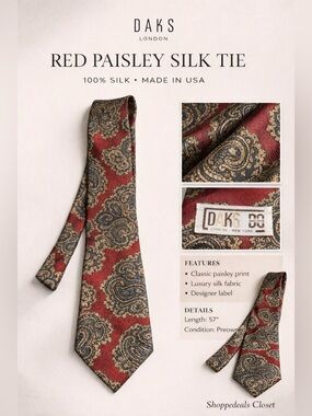 DAKS London New York Red Paisley Silk Tie Made in USA